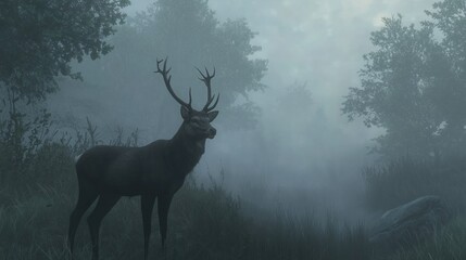 Obraz premium Majestic Stag in the Misty Forest Dawn A Serene Wildlife Encounter