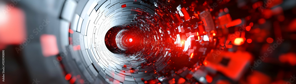 Poster abstract red and white geometric tunnel, digital art background of swirling, glowing shapes creating