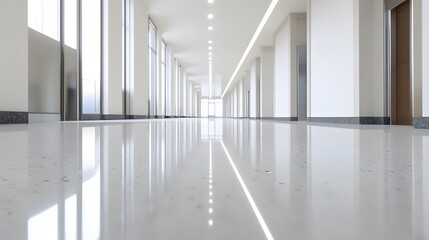 Modern Interior Hallway with Polished Floor, Bright Lighting, and Minimalist Design Highlighting Contemporary Architecture and Spacious Environment