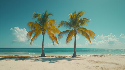 Obraz premium Tropical Paradise, Two Palm Trees Frame Turquoise Ocean and Sandy Beach Under a Sunny Sky