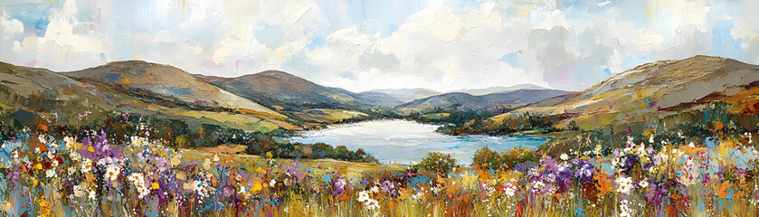 Vibrant Wildflower Meadow Landscape Painting, A picturesque view of a serene lake nestled amidst rolling hills and colorful wildflowers, painted with expressive impasto.