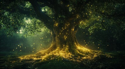 Obraz premium Enchanted Forest Tree with Glowing Fireflies A Magical Night Scene