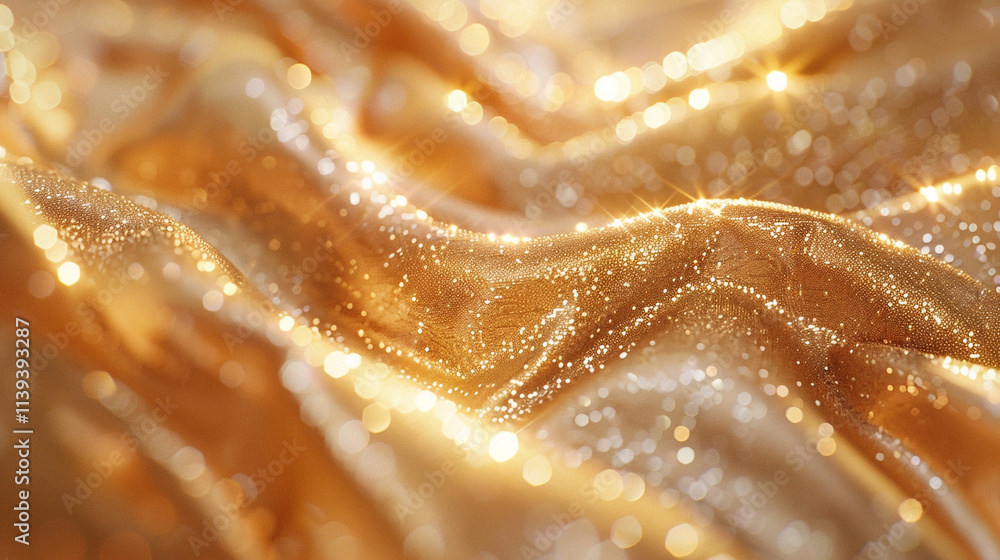 Poster a detailed macro view of sequined fabric in shimmering gold, with light reflecting off each small se