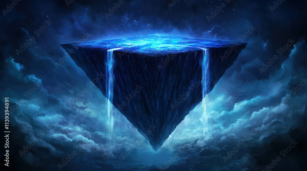 Poster floating island in the shape of an inverted pyramid surrounded by dramatic clouds