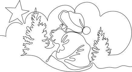 One continuous line drawing Santa Claus on reindeer and sled. concept for Christmas and New Year. vector illustration. Vector illustration