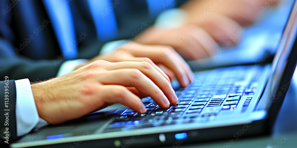 Poster business hands typing on laptop keyboard, close-up view of professional workflow in office setting.