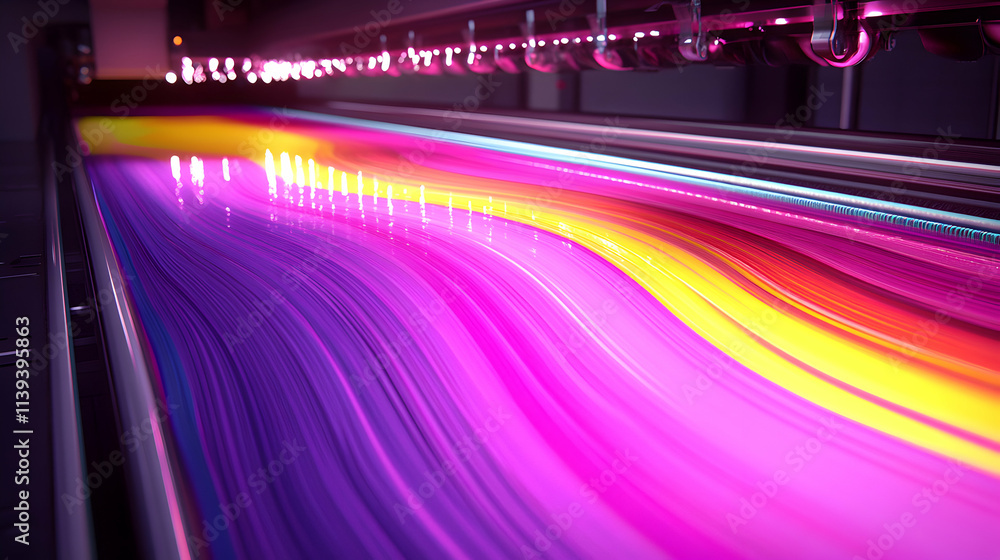 Poster vibrant ink streams flowing through modern printing machine: a colorful wave of design innovation an