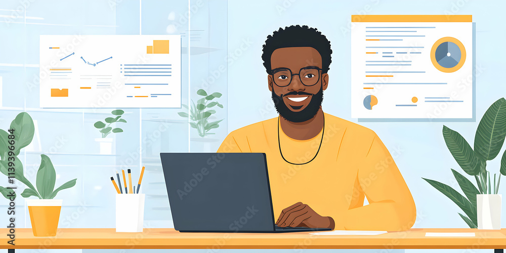 Poster happy man working on laptop in modern office, reviewing data charts and graphs efficiently and confi