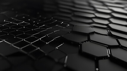 Obraz premium Network connection concept black background vector illustration. Futuristic hexagon perspective wide angle lanscape. Futuristic honeycomb concept. 3d landscape. Big data digital background