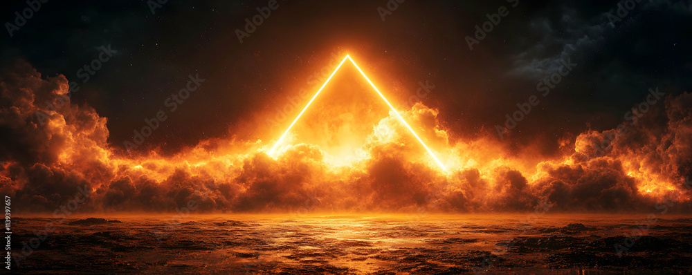 Poster fiery cloudscape, abstract background with glowing triangle