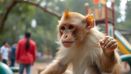 A monkey that looks like a human but is a monkey and is loved by many people and is playing in his playground.