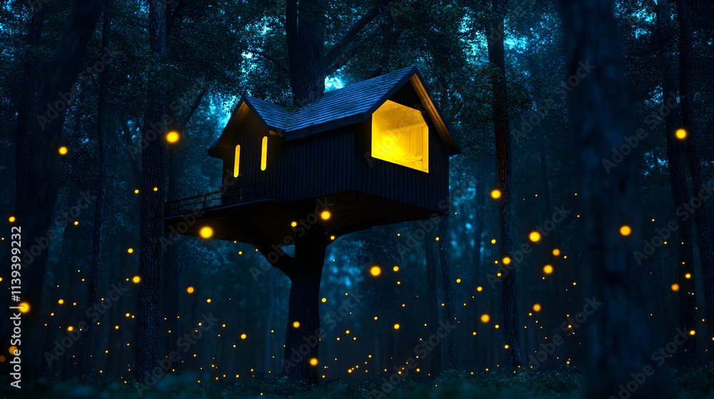 Poster fireflies illuminating a cozy treehouse nestled in a dark forest, creating a magical and immersive a