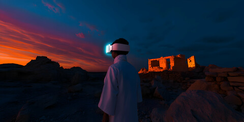 Scientist wearing vr headset exploring ancient ruins in desert landscape at sunset, experiencing immersive virtual reality