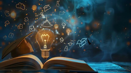 Illustrate a lightbulb glowing on top of an open book with a graduation hat beside it and education icons floating around. 