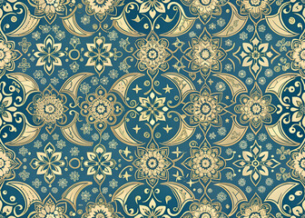 Intricate Floral Mandala Pattern with Gold Accents on Blue Background