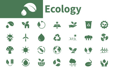 Ecology icon. Collection of vector icons about environment, green energy, nature, leaf, earth.