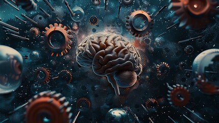 Illustrate a retro collage featuring a human brain with gears and abstract shapes around it.