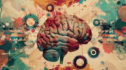 Illustrate a retro collage featuring a human brain with gears and abstract shapes around it. 