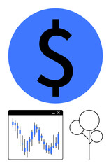 Fototapeta premium Dollar symbol in blue circle above stock market candlestick chart next to minimal tree icon. Ideal for investment, finance, economic growth, wealth management, trading, market analysis