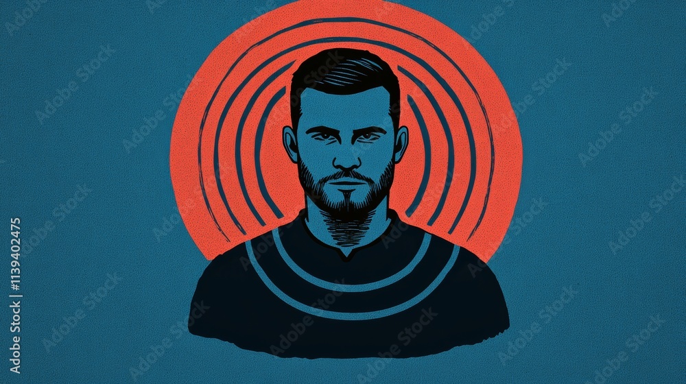 Poster Intriguing portrait, bearded man with a red circle study in visual enigmatism and symbolic representation