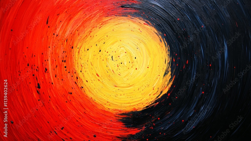 Poster dynamic interplay of red and yellow in abstract circular painting, a vibrant exploration of color fo
