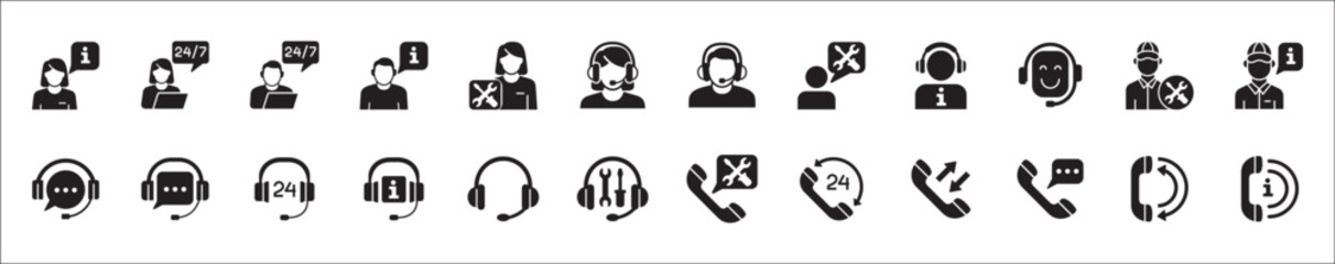 Customer service and support icon set. Containing icons of help, technical, assistance, assistant, agent, hot line, contact, call, staff, operator, mail, manual book. Vector stock in flat solid design