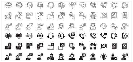Customer service and support icon set. Containing icons of help, technical, assistance, assistant, agent, hot line, contact, call, staff, operator, mail, manual book. Vector stock in flat solid design