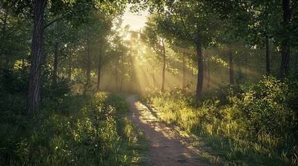 Obraz premium A Serene Forest Landscape with a Dirt Path Winding Through the Trees