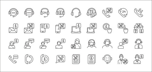 Customer service and support icon set. Containing icons of help, technical, assistance, assistant, agent, hot line, contact, call, staff, operator, mail, manual book. Vector stock in thin line design