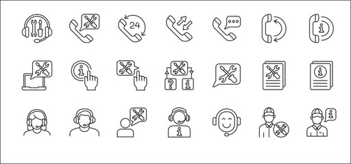 Customer service and support icon set. Containing icons of help, technical, assistance, assistant, agent, hot line, contact, call, staff, operator, mail, manual book. Vector stock in thin line design