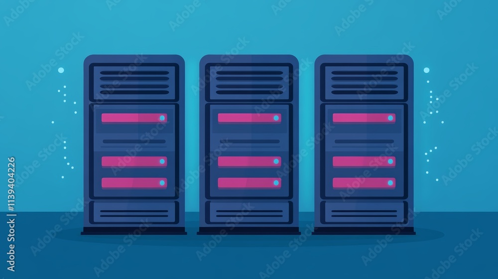 Poster three servers in pink and blue, a modern data center infrastructure for enhanced network computing s