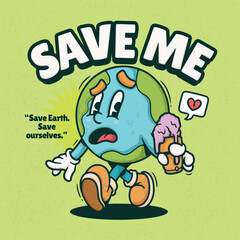 Globe Earth Trendy Retro Cartoon Vector Hand Drawn 