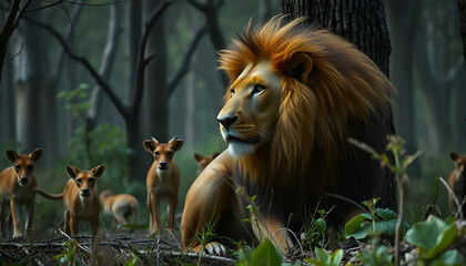 There is a wild lion that is staying in the forest and there are many animals near it that are standing far away from it out of fear and it looks very dangerous and its background is very scary.