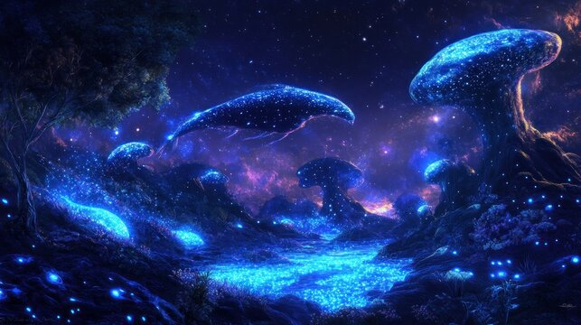 Bioluminescent Forest with Glowing Mushrooms and a Floating Whale
