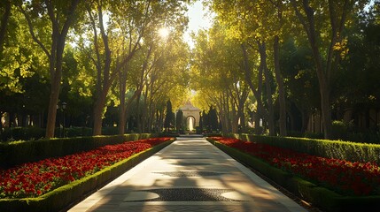 Obraz premium Garden design showcases a vibrant pathway framed by lush trees and blooming flowers, inviting tranquility and reflecting nature's beauty under soft sunlight.