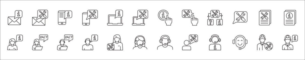 Customer service and support icon set. Containing icons of help, technical, assistance, assistant, agent, hot line, contact, call, staff, operator, mail, manual book. Vector stock in thin line design