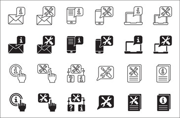 Fototapeta premium Customer service and support icon set. Containing icons of help, technical, assistance, assistant, agent, hot line, contact, call, staff, operator, mail, manual book. Vector stock in flat solid design