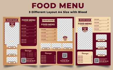 Food And Restaurant Menu Template. 3 Different Layouts A4 Flyer Vector Design. Food And Drink Marketing Material, Ads, Cover Design.