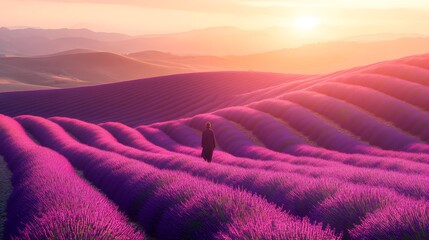 Garden design showcases vibrant lavender fields, cascading in waves under a soft sunset. The tranquil scene evokes peace, beauty, and the arrival of spring.