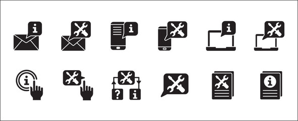 Customer service and support icon set. Containing icons of help, technical, assistance, assistant, agent, hot line, contact, call, staff, operator, mail, manual book. Vector stock in flat solid design
