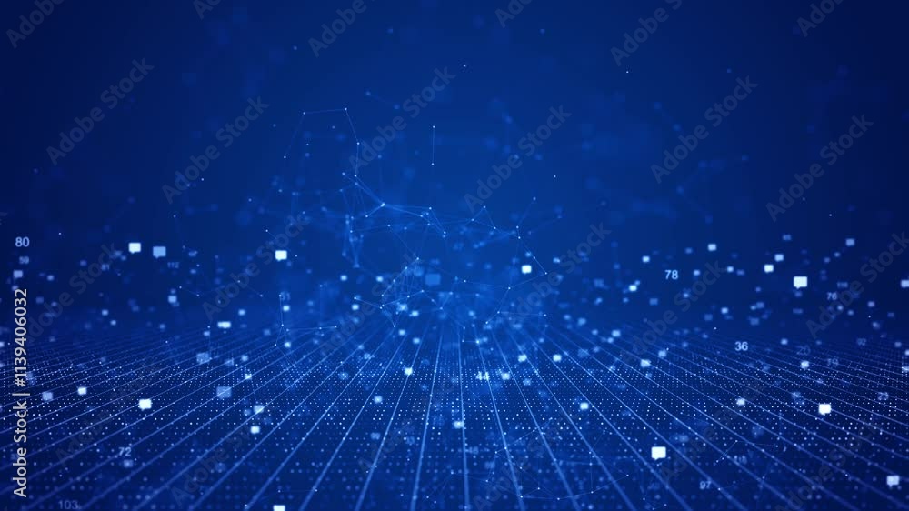 Poster big data flow motion lines blockchain network dots particles. digital background, wave flow. plexus 