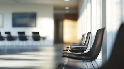 Modern Office Waiting Area: Sunlight Illuminates Empty Chairs