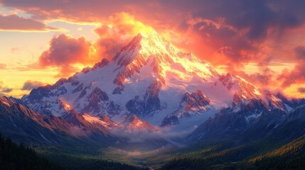 Majestic Sunset Over Snow-Capped Mountain Range