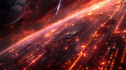 Obraz premium Futuristic planet surface with glowing circuitry, celestial view.