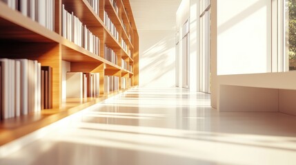 Obraz premium Modern library or bookstore interior with Learning and coworking space,relax zone,Library with rows of bookshelves arranged,school,university,shared desk and chairs,panoramic window.