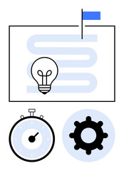 Light bulb in front of a winding path with a flag, below are a stopwatch and gear. Ideal for innovation, goal-setting, strategy, efficiency, problem-solving, progress. Line metaphor