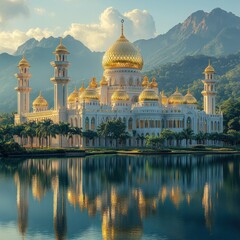 Naklejka premium A majestic palace with golden domes reflecting in a serene lake, surrounded by mountains.