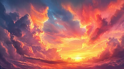 Fototapeta premium A Vivid Sunset Sky with Clouds and Birds in Flight