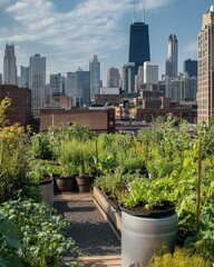 Fototapeta premium Urban Rooftop Oasis Flourishing Green Garden Amidst the Chicago Skyline