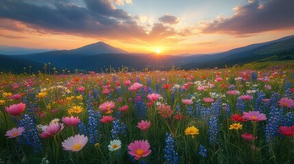 Majestic Sunset over a Vibrant Wildflower Meadow